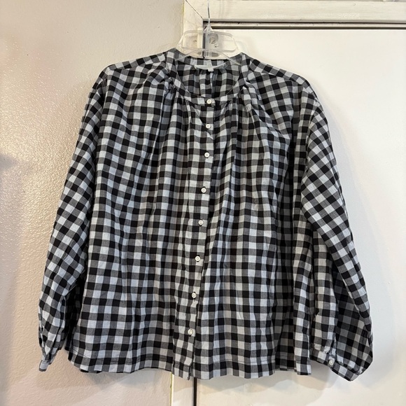 THE GREAT. Tops - The Great Plaid Button Front Top Black Oversized Boxy Lagenlook Sleep Collection